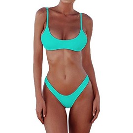 SherryDC Women's Solid Scoop Neck Push up Padded Brazilian Thong Bikini Swimsuit Lake Green,S