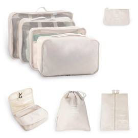 Packing Cubes Suitcase Organiser Set 8 Pieces - Waterproof Packing Cubes & Clothes Bags - Travel Organiser for Suitcases with Cosmetic Bag, Shoe Bag & Cable Bag (Beige)