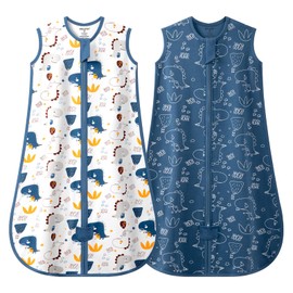 MIKAFEN 2pc Baby Sleeping Bag Spring and Summer 0.5Tog,100% Organic Cotton Sleeveless Baby Sleep Sack/Baby Swaddle,Dinosaur&DarkBlue 6-14months