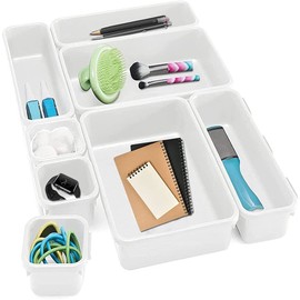 Pack of 8 Drawer Organiser, Organiser Storage Box, Plastic Drawer Organiser Box, Multifunctional Washable Make Up Organiser Storage Box, for Bathroom, Bedroom, Office (White)