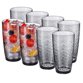ZAINCA 20-ounce Plastic Tumblers, Acrylic Drinking Glasses High-Balls, set of 8 Gray Reusable Plastic Cups, Hammered Style Stackable, BPA-Free, Shatter-Proof, Dishwasher-Safe