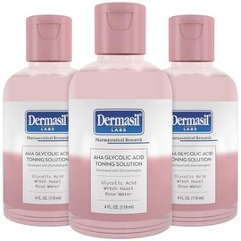 Dermasil AHA Solución tonificante de ácido glicólico, paquete de 3 – Tónico exfoliante para cara con agua de rosas, hamamelis y ácido hialurónico, 4 onzas Ea