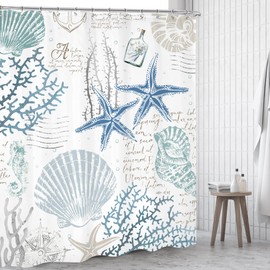 Omifly Nautical Coastal Shower Curtain 60Wx72H Inch Starfish Seashell Coral Bathroom Set Vintage Underwater Marine Retro Anchor Sea Horse Ocean Beach with 12 Hooks Fabric Waterproof Accessories Decor