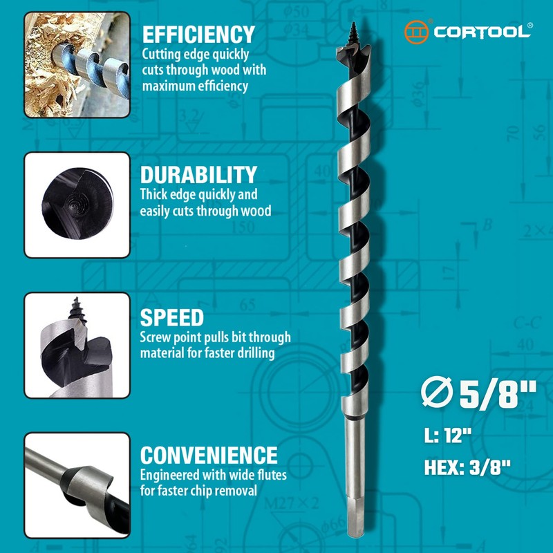 CORTOOL 5/8 Inch x 12 Inch Auger Drill Bit for
