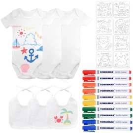 KingYH Set of 3 Bibs for Painting, DIY White Baby Bib Set, Cotton Neckerchief, 3 Pieces, Short Sleeve Bodysuit, 40 x 21 cm with 10 Textile Pens and 8 Painting Stencils for 9 Months, Boys, Girls, Baby