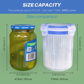 KIKINIKO Pickle Jar 24 oz pickle container with strainer Pickle Holder Keeper Lifter, pickle storage container suitable for pickling small jars of kimchi, Flip Jar with Leak Proof and Lock It Lid