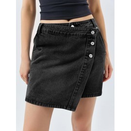 Cicy Bell Womens Jean Skirts Casual Wrap Button Asymmetrical Hem Summer Denim Mini Skirt
