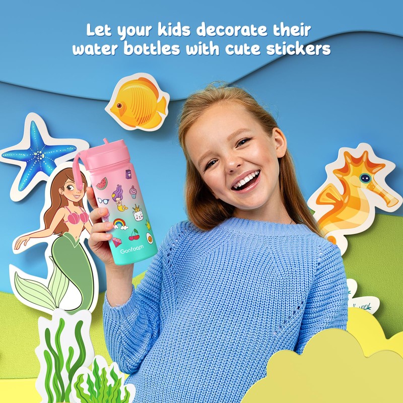 Kids Water Bottle, 2-Pack 16oz Kids Water Bottle with Stickers