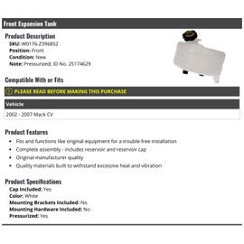 Marketplace Auto Parts Front Radiator Coolant Overflow Expansion Tank with Cap - Compatible with 2002-2007 Mack CV
