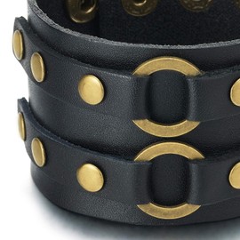 COOLSTEELANDBEYOND New Men's Black Leather Bracelet Genuine Leather Bangle with Aged Brass Rivets and Snap Button, Leather, Non-applicable