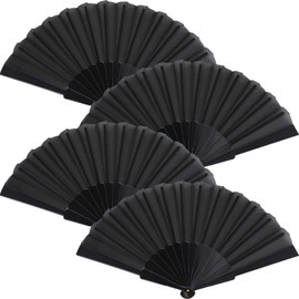 4 Pieces Handheld Folding Fan Chinese Fan Oriental Cloth Fabric Fan for Dancing, Party, Wedding Gifts, DIY Decoration, Home Decorations (Black)