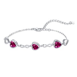Qings 3 Heart Ruby Birthstone Bracelet for Women Sterling Silver 925 July Infinity Symbol Adjustable Link Bracelets with Cubic Zirconia Charms Friendship Family Birthday Gifts for Girls Her