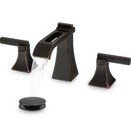 HEYMYTAP Oil Rubbed Bronze Bathroom Faucet 3 Hole, Brass Waterfall 8 Inch Widespread Bathroom Sink Faucet with Pop-Up Drain, cUPC Supply Lines, 2 Handles for Vanity, Farmhouse, Hollowed Design