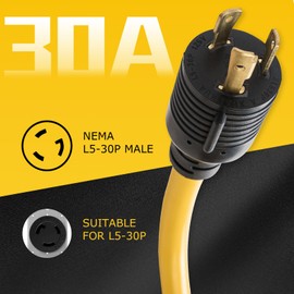 30 Amp to 20 Amp Adapter, 110 Generator Locking RV Distribution NEMA L5-30P Male to 3X 5-15R/5-20R Female with Lighted End, 1.5 FT