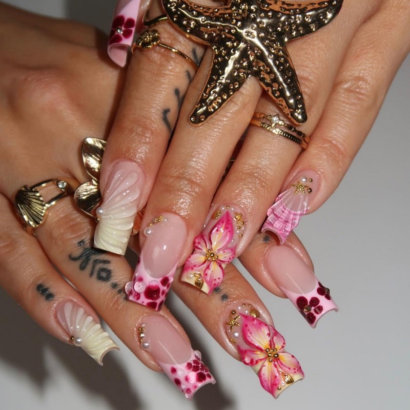 24Pcs Pink Flower Press on Nails Long Coffin Nails Press