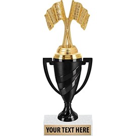 Crown Awards Racing Award Trophies, 10" Black Swirl Cup Trophy With Racing Crossed Flags Figure, Engraving Included
