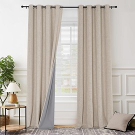PONY DANCE 100% Blackout Natural Linen Bedroom Curtains 96 inches Long, Noise Reducing Window Treatment Drapes for Living Room,Thermal Insulated Curtain for Nursery, 52" W x 95" L, 2 Panels