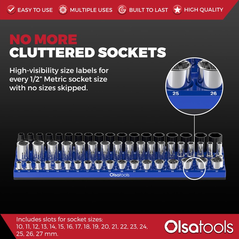 Olsa Tools Magnetic Socket Organizer (1/2-Inch Drive, 3 Row) -