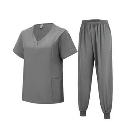 Meichoon Nurses' Gown Set V-neck Top and Slim Pants Elastic and Sweat-absorbent Hospital Grooming Pet Men's and Women's use DK06 Grey Medium