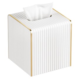 Tissue Box Cover Square with Magnetic Closure, PU Leather Tissue Box Holder with Gold-Tone Edging for Bathroom Vanity Countertop Night Stands Bedroom Office Desk, Modern Home Decor (Cream White)