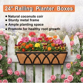 Flat Railing Planter Window Box Wall Hanging Planters (2 Pack, 30 Inch) Balcony Fence Planter with Coco Liner, Horse Trough Planter Metal Window Planter Box for Outdoor Plant Holder Rail Deck