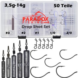 Paradox Fishing Drop Shot Set with Hooks I 50 Pieces I (3.5g/5g/7g/10g/14g) 4 Pieces Each with Box and 25 Drop Shot Hooks I Dropshot Lead Jig Heads Cheburashka Lead - Drop Shot Lead