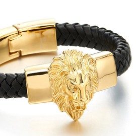 COOLSTEELANDBEYOND Mens Large Braided Leather Bracelet with Steel Gold Color Lion and Black Genuine Leather Straps(CA)