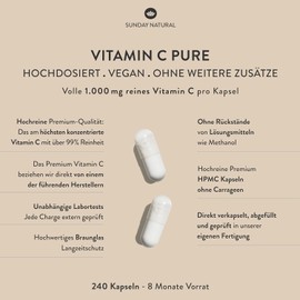 SUNDAY NATURAL Pure Vitamin C High Dose - Pure Vitamin C 1000 mg per Capsule - High-Quality Ascorbic Acid with ≥ 99% Purity - 240 Vegan Capsules - Laboratory Tested, No Other Additives