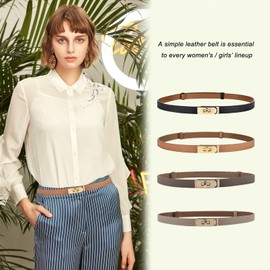 Ovekaut Women Skinny Leather Belt Solid Color Alloy Turn Lock Adjustable Waistband for Dresses Jeans Coats (Elephant Grey/Gold)