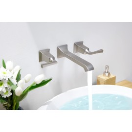SITGES Bathroom Wall Faucet, Heavy Duty, Brass Constructed Wall Mount Vanity Faucet with Metal Lever Handles, Rough in Valve Included,Matte Brushed Nickel