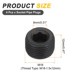 uxcell 4Pcs Male Thread Socket Pipe Plugs, M18-1.5x12mm Carbon Steel Internal Hex Thread Pipe Caps for Pipe Fitting and Sealing, Black