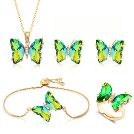 BONJOULRY Butterfly Crystal Jewelry Set with Butterfly Necklace Stud Earrings Bolo Bracelet Adjustable Ring for Women Trendy, Iridescent Y2K Dainty Butterfly Jewelry Gifts (Green)