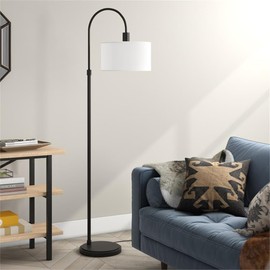 Veronica Arc Floor Lamp with Fabric Shade in Blackened Bronze/White