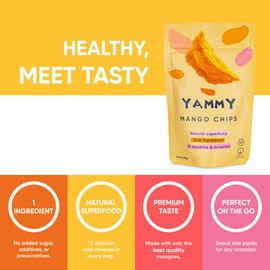 Yammy Dried Mango Chips Family Size (Pack of 4), 1 Ingredient Superfood Snack, Low Calorie, Healthy Unsweetened Mango Fruit Slices, Crispy Like Freeze Dried, No Sugar Added, Individual Packs, Gluten Free, Vegan