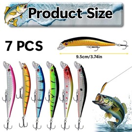 7 Pcs 3D Lifelike Fishing Lures, Topwater Fishing Bait, Laser Scales, Built-in Rattles & Treble Hooks, Anti Escape Salt/Fresh Swimbait for Bass, Trout, Walleye, Pike, for New & Pro Anglers