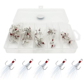 FANGBLUE Treble Fishing Hooks with Feather Stainless Steel Barbed Sharp Triple Fishhook Sea Fishing Accessories (50Pcs Treble Hook with Feather)