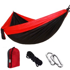 Pezlun Camping Hammock Portable Lightweight Nylon Hammock 2 Hammock Tree Straps 2 Carabiners Suitable for Outdoor Camping, Backpacking (Red and Black, Small)