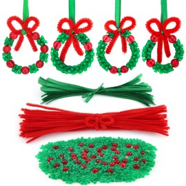 SAVITA 1100Pcs Beads with 50Pcs Threading Chenille Stems and 50 Pcs Green Ribbons Christmas Beaded Ornament Kit, For Christmas Tree Hanging Decorations Xmas Party Craft Wreath Holiday Tree Decorations