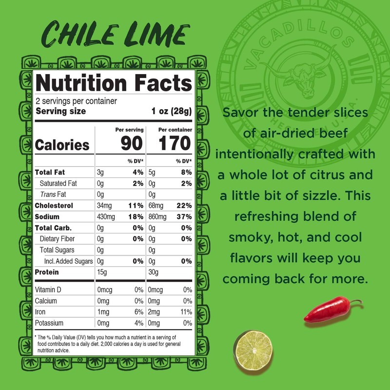 Vacadillos Beef Jerky Snack Packs Carne Seca, Chile Lime 3-Pack