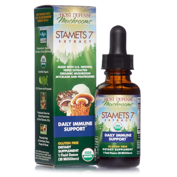 Host Defense, Stamets 7 Extract, Daily Immune Support, Mushroom Supplement with Lion’s Mane and Reishi, Plain, 1 fl oz
