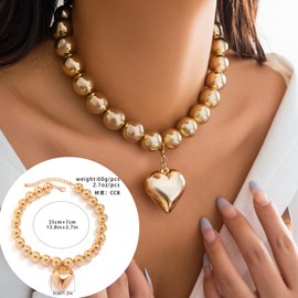 Chunky Puffy Heart Choker Necklace for Women,Gold Big Heart Pendant Necklace Pearl Chain Heart Necklaces Y2k Necklace Trendy Jewelry Accessories Gifts, Zinc, alloy
