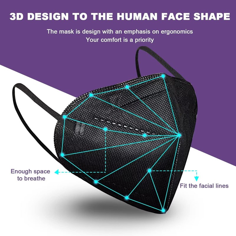 KN95 Face Mask 50 Pack, Individually Wrapped, Black Disposable Face