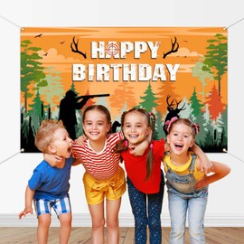 Mocsicka Hunting Birthday Backdrop: Camo Happy Birthday Party Decorations, Deer Hunting Theme, Polyester Fabric, Orange