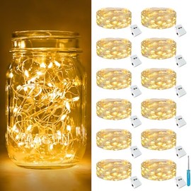btfarm - Paquete de 12 luces de hadas que funcionan con pilas [3 modos], 2.1 m, 20 luces LED centelleantes, impermeable, pequeño alambre plateado para tarros de albañil, jarrones, mesa de boda,