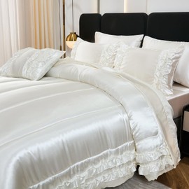 Dreamwaka White Comforter Set with Satin Sheet Set King 8 Pieces Silk Like Satin Bedding Set Luxury Silky Ruffle Pattern Home Deocr Sexy Hotel Silky Bed Set with 1 Cushion Cover