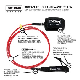 XM SURF MORE Comp 9ft Surfboard Leash with Tangle Free Upgrade, Cord Thickness (.220in), Key Pocket, Unbreakable Swivels, Detachable Railsaver, Made in USA