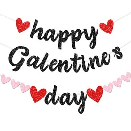 FHGG Glitter Black Happy Galentine's Day Decorations Banner Happy Valentine s Day Banner Decorations Red Glitter Heart Garland Banner Galentines Party Decor for Valentines Wedding Anniversary Party Supplies Girls Ladies Party