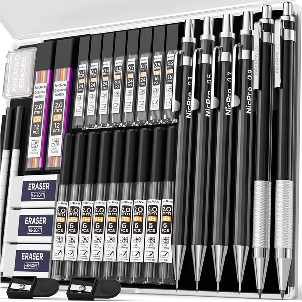Nicpro 34PCS Black Art Mechanical Pencils Set, Metal Drafting Pencil