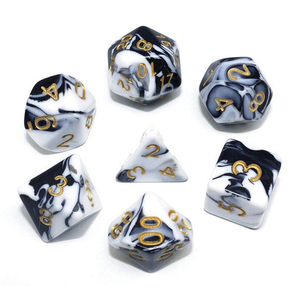 DND Dice Set Black & White Marble RPG Polyhedral Dice Fit Dungeons and Dragons(D&D) Pathfinder MTG Tabletop Role Playing Game 7-Die Dice Set