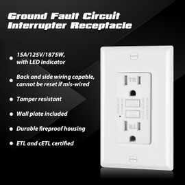 ELECTECK 2 Pack GFCI Outlets 15 Amp, Tamper Resistant (TR), Decor GFI Receptacles with LED Indicator, Ground Fault Circuit Interrupter, Decorative Wallplate Included, ETL Certified, White